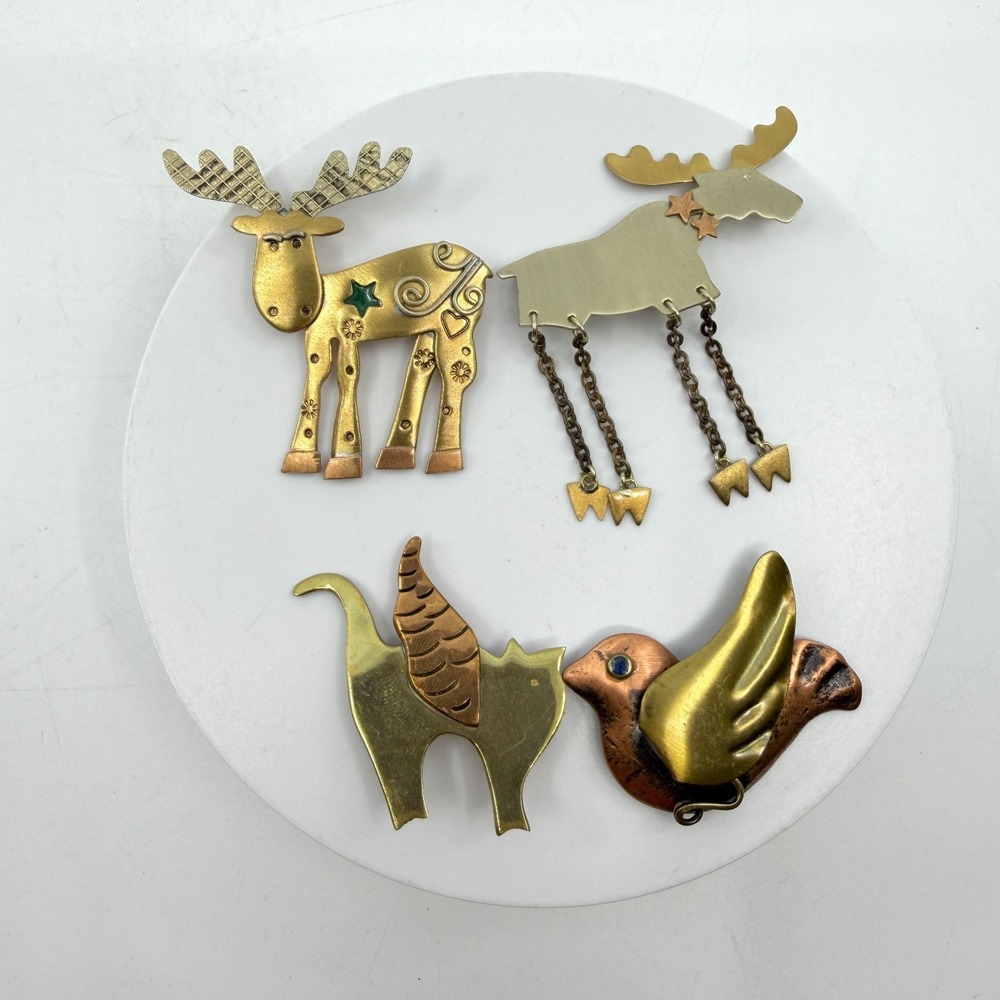 Lot of 4 Brass & Copper Tone Animal Brooch Pin Moose Cat Bird Folk Art Christmas